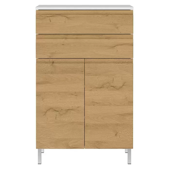 Germania Torrance Highboard - B x T x H: 60 x 34 x 97 cm, Grandson-Eiche-Nb./Weiß, Matt - Heller Holzschrank mit weißer Platte, zwei Schubladen und zwei Türen, auf silbernen Beinen.