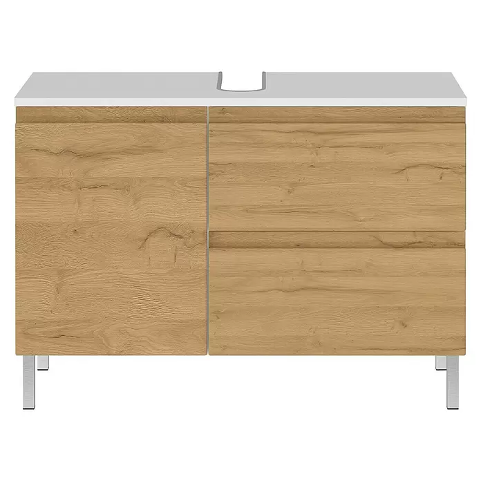 Germania Torrance Waschtischunterschrank - B x T x H: 80 x 34 x 56 cm, Grandson-Eiche-Nb./Weiß, Matt - Badezimmerschrank in heller Eichenoptik mit weißer Arbeitsplatte, einer Tür, zwei Schubladen und silbernen Beinen.