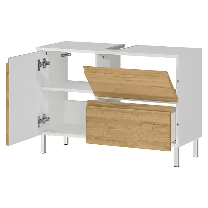 Germania Torrance Waschtischunterschrank - B x T x H: 80 x 34 x 56 cm, Grandson-Eiche-Nb./Weiß, Matt - Weißer Badunterschrank mit hellen Holzfronten, offener Tür, Ablage und Spülaussparung. Mit Metallfüßen.