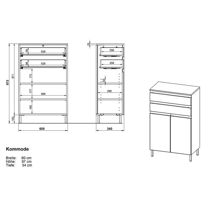 Germania Torrance Highboard - B x T x H: 60 x 34 x 97 cm, Grandson-Eiche-Nb./Weiß, Matt - Eine Kommode mit zwei oberen Schubladen und einem unteren Doppeltürschrank, Maße: 60x97x34 cm (BxHxT).