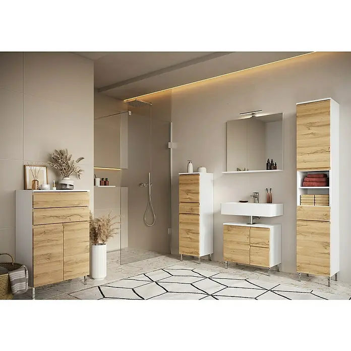 Germania Torrance Waschtischunterschrank - B x T x H: 60 x 34 x 56 cm, Grandson-Eiche-Nb./Weiß, Matt - Elegantes Badezimmer-Set mit Waschtisch, Spiegelschrank und Hochschrank in Holzoptik und Weiß. Modernes Design für stilvolle Badezimmergestaltung.