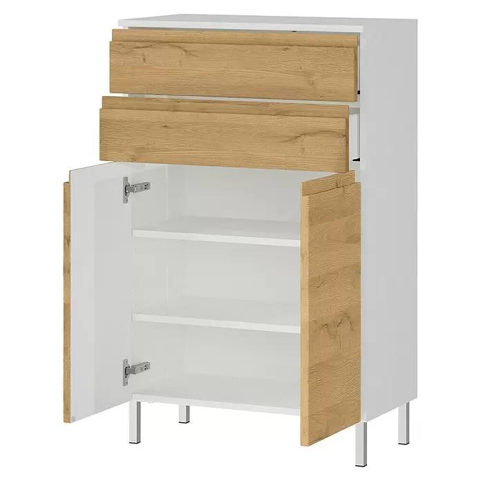 Germania Torrance Highboard - B x T x H: 60 x 34 x 97 cm, Grandson-Eiche-Nb./Weiß, Matt - Weißer Schrank mit hellen Holzschubladenfronten und offener Tür, die interne Regale zeigt, auf Metallbeinen stehend.