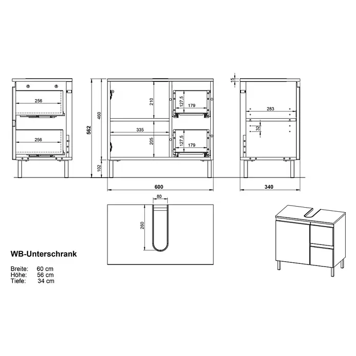 Germania Torrance Waschtischunterschrank - B x T x H: 60 x 34 x 56 cm, Grandson-Eiche-Nb./Weiß, Matt - Technische Zeichnung eines Waschbeckenunterschranks mit zwei Schubladen und einer Tür, 60x56x34 cm.