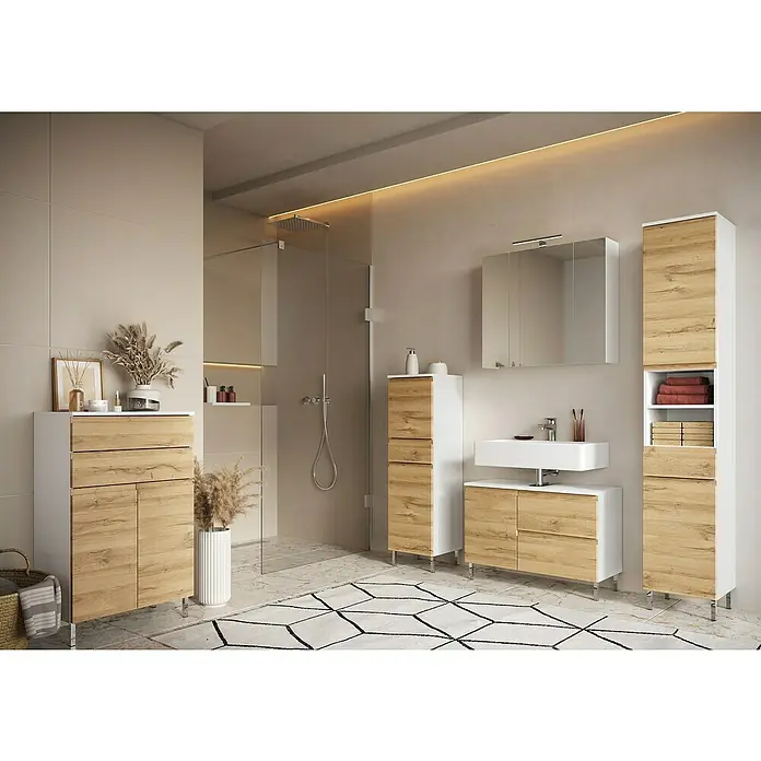 Germania Torrance Waschtischunterschrank - B x T x H: 80 x 34 x 56 cm, Grandson-Eiche-Nb./Weiß, Matt - Ein Badezimmer-Interieur mit modernen Holzmöbeln, darunter Waschbeckenunterschränke, Hochschränke und Spiegel.