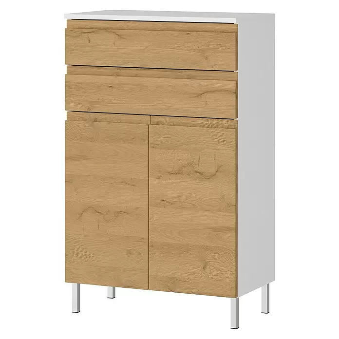 Germania Torrance Highboard - B x T x H: 60 x 34 x 97 cm, Grandson-Eiche-Nb./Weiß, Matt - Heller Holzschrank mit zwei Schubladen und zwei Türen, mit weißem Rahmen und silbernen Beinen.