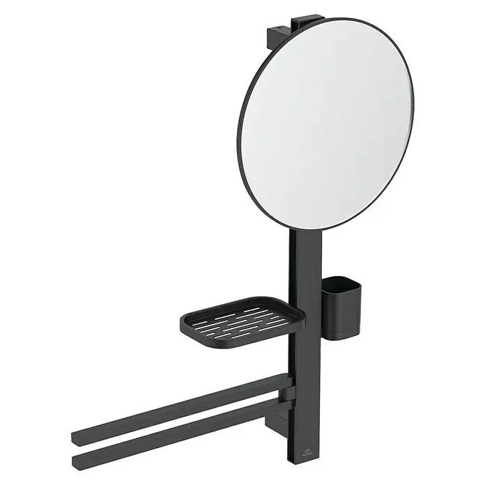 Ideal Standard Kosmetikspiegel Beauty Bar - 58 x 71,7 cm, Durchmesser: 32 cm, Rund, Schwarz - Schwarzer Spiegel mit Ablage und Handtuchhalter. Das Badezimmeraccessoire bietet Funktionalität und modernes Design in einem.