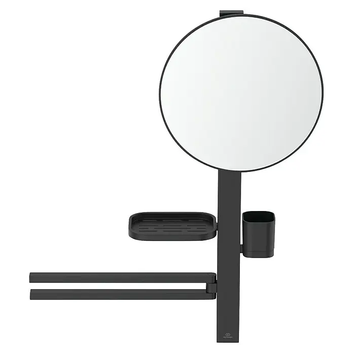 Ideal Standard Kosmetikspiegel Beauty Bar - 58 x 71,7 cm, Durchmesser: 32 cm, Rund, Schwarz - Modernes Badezimmeraccessoire-Set in Schwarz, bestehend aus Spiegel, Ablage und Handtuchhalter.
