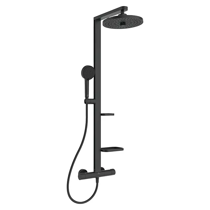 Ideal Standard Combinado de ducha - Distancia entre orificios: 35,6 cm, Negro, Diámetro rociador: 26 cm - Conjunto de ducha negro con cabezal fijo, ducha de mano y estantes.
