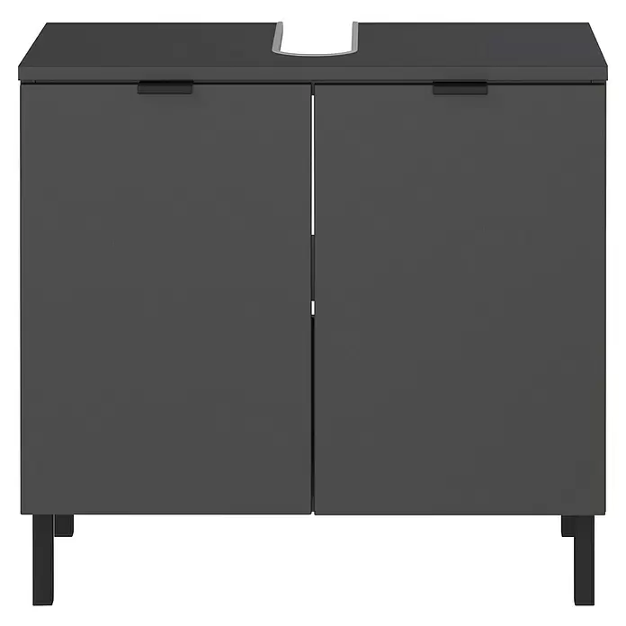 Germania Arcena Waschtischunterschrank - B x T x H: 60 x 34 x 56 cm, Graphit, Matt - Dunkelgrauer Waschtischunterschrank mit zwei Türen, schwarzen Griffen, dunkelgrauer Arbeitsplatte mit U-förmigem Ausschnitt und schwarzen Beinen.