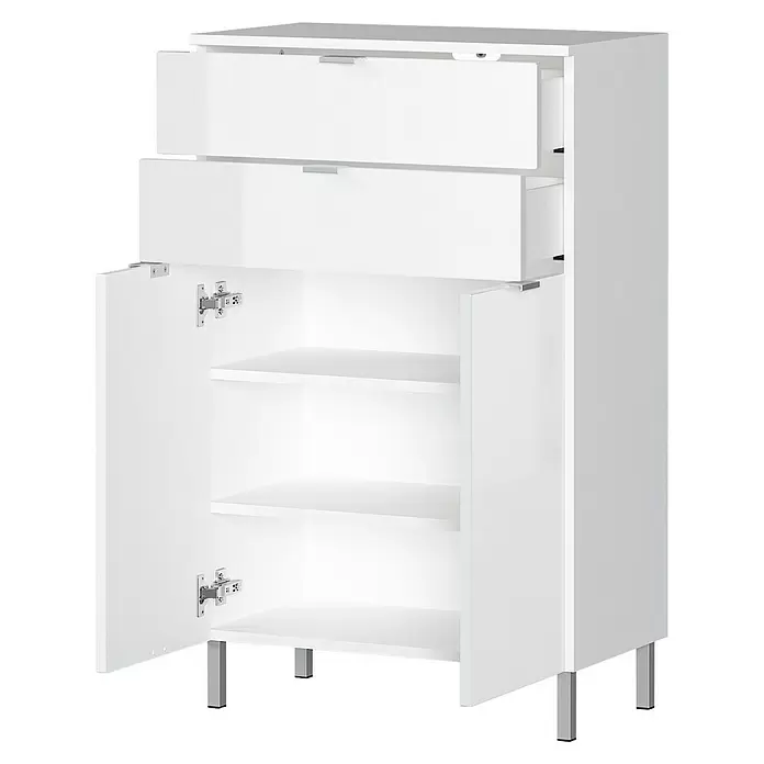 Germania Mauresa Highboard - B x T x H: 60 x 34 x 97 cm, Weiß, Glänzend - Weißer Schrank mit zwei offenen Schubladen, zwei offenen Türen, die Regale zeigen, und silbernen Beinen.