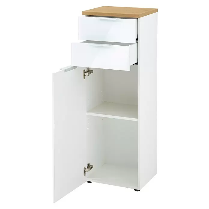 Germania Pescara Midischrank - B x T x H: 39 x 34 x 112 cm, Weiß/Navarra-Eiche-Nb. - Weißer Schrank mit heller Holzplatte, zwei Auszugsschubladen und einem unteren Fach mit Tür und verstellbarem Regal.