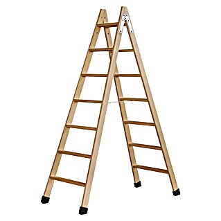 Escalera de tijera (Altura de trabajo: 3,5 m, Número de peldaños: 14 ud., Carga soportada: 150 kg, Madera)