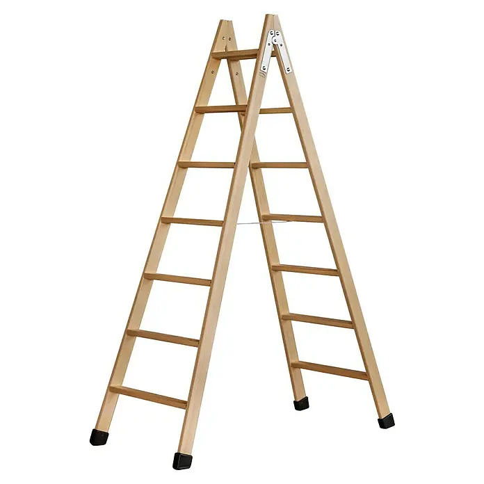 Escalera de tijera - Altura de trabajo: 3,5 m, Número de peldaños: 14 ud., Carga soportada: 150 kg, Madera - Escalera de madera plegable en forma de A con pies negros sobre un fondo negro, ideal para uso interior.