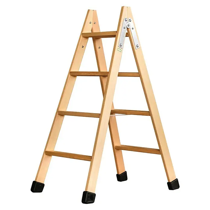 Escalera de tijera - Altura de trabajo: 2,8 m, Número de peldaños: 8 ud., Carga soportada: 150 kg, Madera - Escalera de madera plegable con tres peldaños y pies negros, ideal para uso doméstico. Construcción robusta para estar de pie seguro.