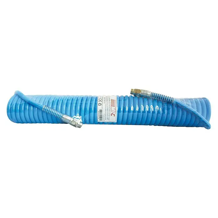 MPC Manguera espiral de aire comprimido - Diámetro tubo flexible: 8 mm, 12 bar, Largo: 10 m - Primer plano de una manguera de aire azul con accesorios, una herramienta esencial para talleres y aplicaciones industriales.