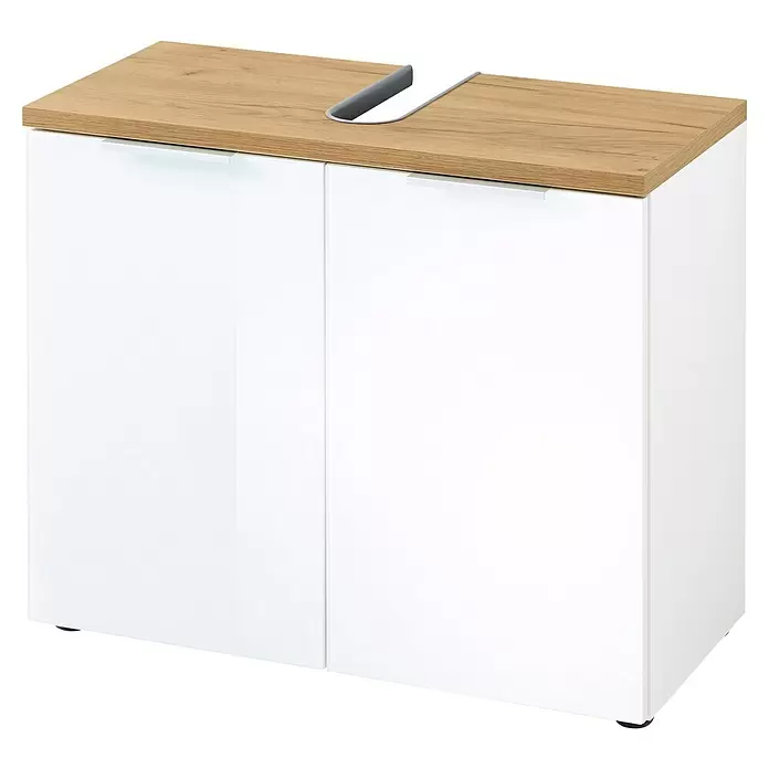 Germania Pescara Waschtischunterschrank - B x T x H: 70 x 34 x 58 cm, Weiß/Navarra-Eiche-Nb. - Weißer Zweitürenschrank mit heller Holzplatte und grau umrandetem Ausschnitt. Integrierte weiße Griffe.