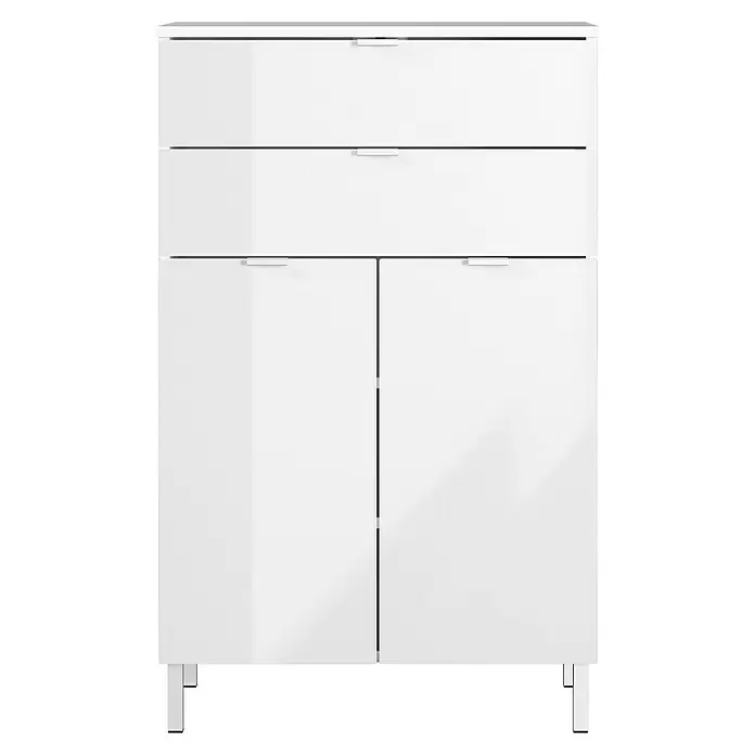 Germania Mauresa Highboard - B x T x H: 60 x 34 x 97 cm, Weiß, Glänzend - Weißer Aufbewahrungsschrank mit zwei Schubladen und zwei Türen, eleganten Metallgriffen und kurzen Beinen.