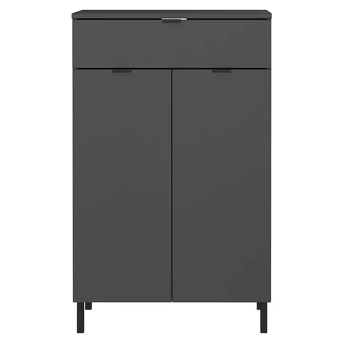 Germania Arcena Highboard - B x T x H: 60 x 34 x 97 cm, Graphit, Matt - Dunkelgrauer Aufbewahrungsschrank mit einer oberen Schublade und zwei unteren Türen, alle mit schwarzen Griffen.