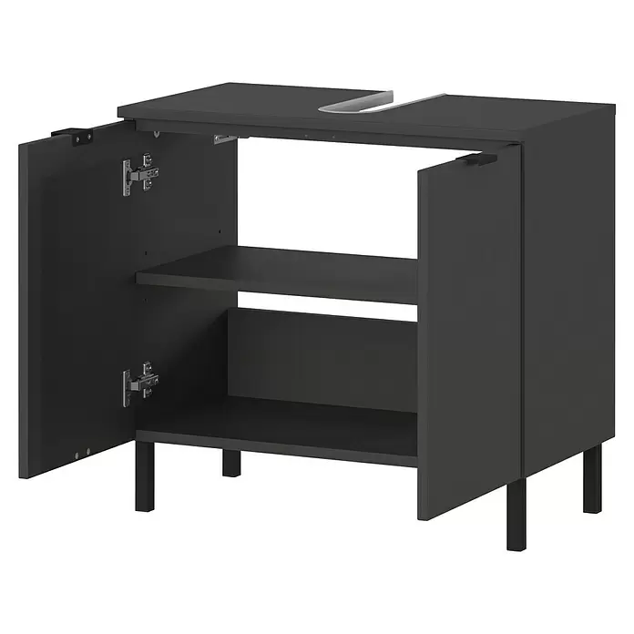 Germania Arcena Waschtischunterschrank - B x T x H: 60 x 34 x 56 cm, Graphit, Matt - Anthrazitfarbener Waschtischunterschrank mit zwei geöffneten Türen, Innenregalen, Spülaussparung und schwarzen Beinen.