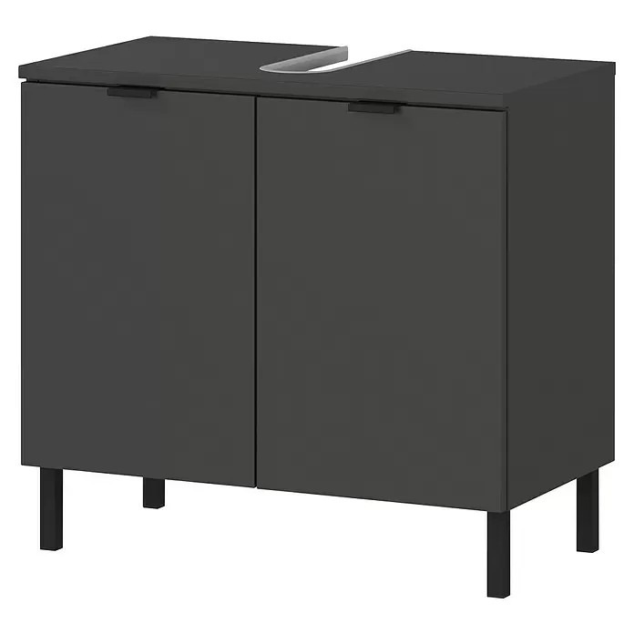 Germania Arcena Waschtischunterschrank - B x T x H: 60 x 34 x 56 cm, Graphit, Matt - Dunkelgrauer Badunterschrank mit zwei Türen, schwarzen Griffen, schwarzen Beinen und einer Arbeitsplatte mit Spülenausschnitt.