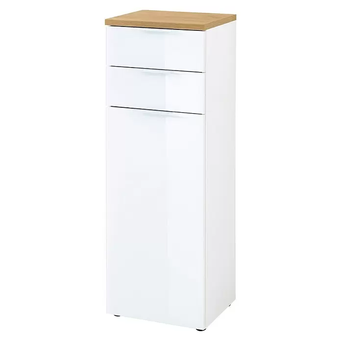Germania Pescara Midischrank - B x T x H: 39 x 34 x 112 cm, Weiß/Navarra-Eiche-Nb. - Hoher weißer Aufbewahrungsschrank mit zwei Schubladen und heller Holzplatte.