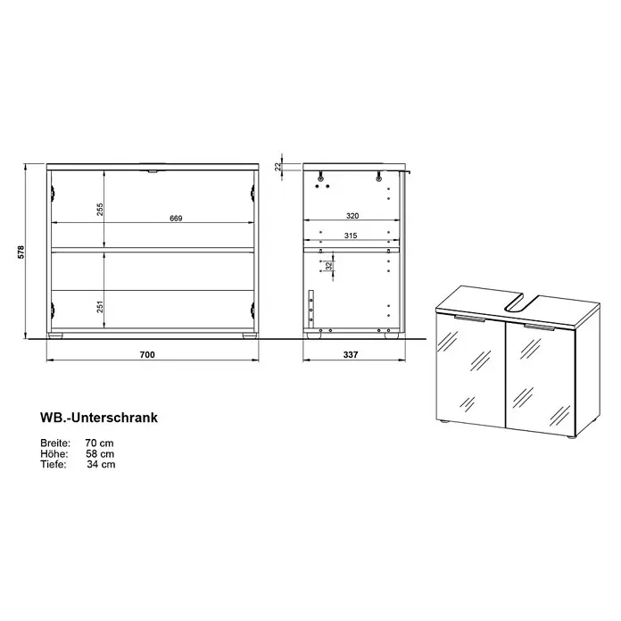 Germania Pescara Waschtischunterschrank - B x T x H: 70 x 34 x 58 cm, Weiß/Navarra-Eiche-Nb. - Waschtischunterschrank mit zwei Türen und einem Ausschnitt für ein Waschbecken. Maße: 70 cm breit, 58 cm hoch, 34 cm tief.