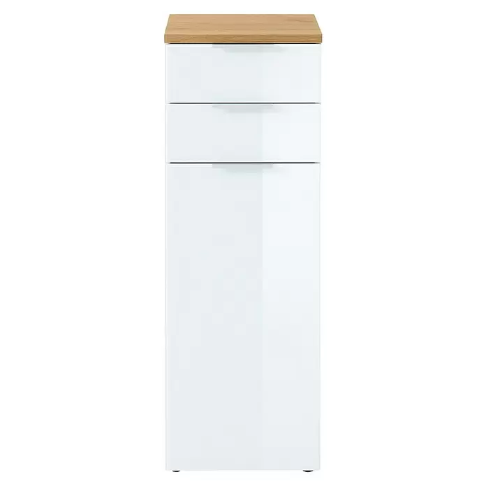 Germania Pescara Midischrank - B x T x H: 39 x 34 x 112 cm, Weiß/Navarra-Eiche-Nb. - Weißer Aufbewahrungsschrank mit heller Holzplatte, zwei Schubladen und einer Schranktür.