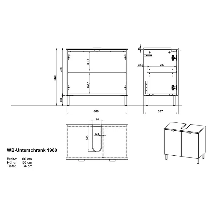 Germania Arcena Waschtischunterschrank - B x T x H: 60 x 34 x 56 cm, Graphit, Matt - Technische Zeichnung eines 60x56x34 cm großen Waschtischunterschranks mit verschiedenen Ansichten und Maßangaben.