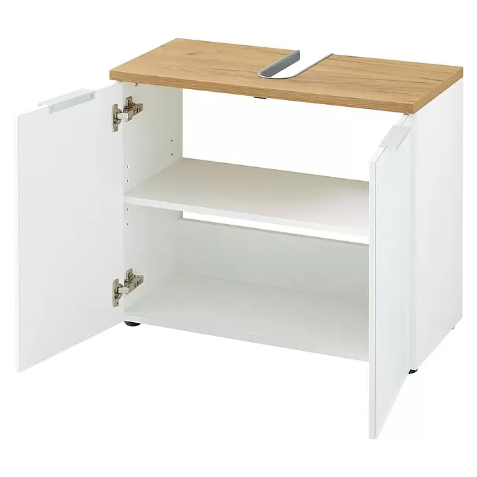 Germania Pescara Waschtischunterschrank - B x T x H: 70 x 34 x 58 cm, Weiß/Navarra-Eiche-Nb. - Weißer Schrank mit offenen Türen, Einlegeboden und heller Holzplatte mit U-förmigem Ausschnitt.