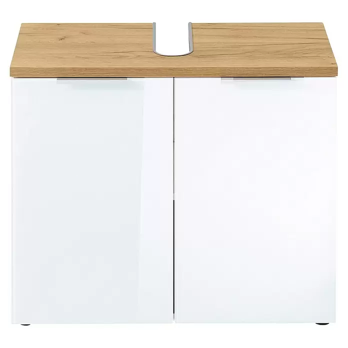 Germania Pescara Waschtischunterschrank - B x T x H: 70 x 34 x 58 cm, Weiß/Navarra-Eiche-Nb. - Weißer Waschtischunterschrank mit heller Holzplatte und U-förmigem Ausschnitt für ein Waschbecken.