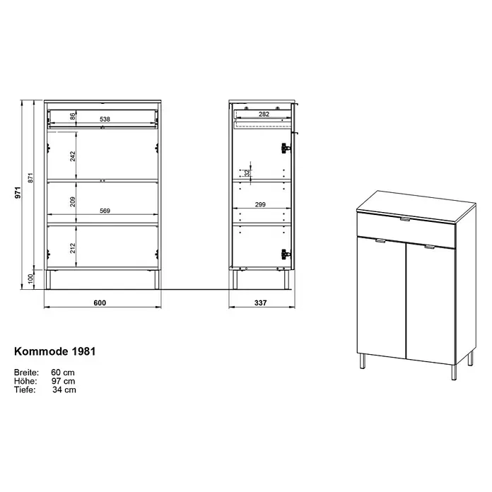 Germania Arcena Highboard - B x T x H: 60 x 34 x 97 cm, Graphit, Matt - Kommode mit einer Schublade, zwei Türen und Standfüßen, dargestellt in technischen Zeichnungen und perspektivischer Ansicht.