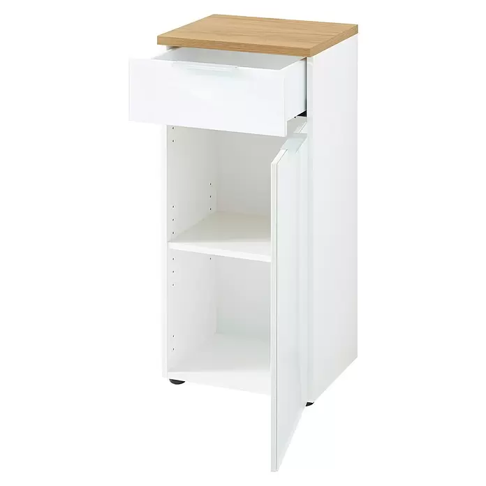 Germania Pescara Unterschrank - B x T x H: 39 x 34 x 86 cm, Weiß/Navarra-Eiche-Nb. - Weißer Schrank mit heller Holzplatte, offener Schublade und offener Tür, die zwei Regalböden zeigt.