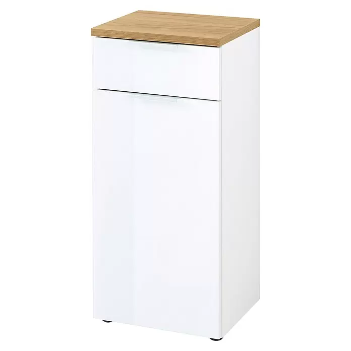 Germania Pescara Unterschrank - B x T x H: 39 x 34 x 86 cm, Weiß/Navarra-Eiche-Nb. - Weißer Schrank mit heller Holzplatte und zwei Fächern mit integrierten Griffen.