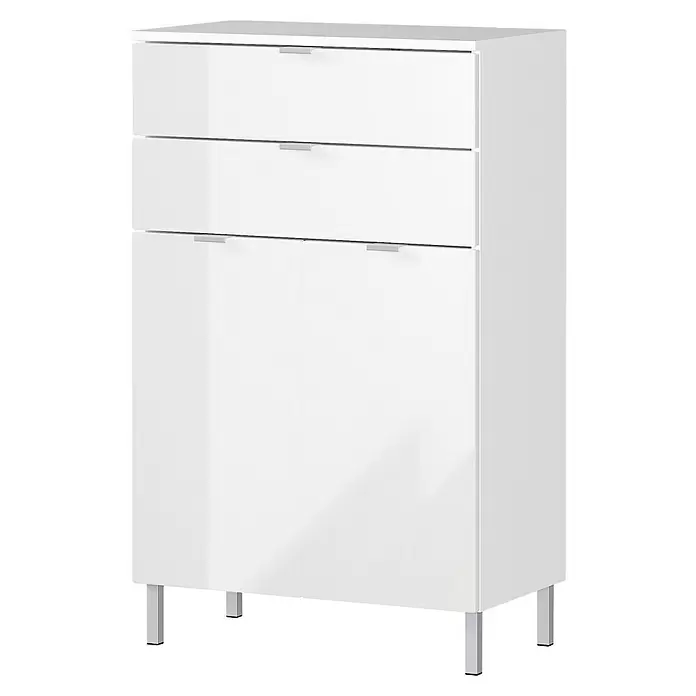 Germania Mauresa Highboard - B x T x H: 60 x 34 x 97 cm, Weiß, Glänzend - Weißer Schrank mit drei Schubladen, zwei Türen und silbernen Griffen sowie Beinen.