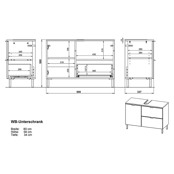 Germania Mauresa Waschtischunterschrank - B x T x H: 80 x 34 x 56 cm, Weiß, Glänzend - Technische Zeichnung eines Waschbeckenunterschranks mit Maßen, mit einem Schrankfach und zwei Schubladen.