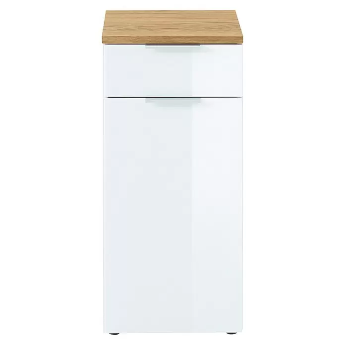 Germania Pescara Unterschrank - B x T x H: 39 x 34 x 86 cm, Weiß/Navarra-Eiche-Nb. - Weißer Schrank mit heller Holzoptikplatte und zwei Schubladen, zwei Türen.