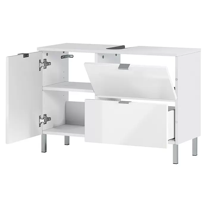 Germania Mauresa Waschtischunterschrank - B x T x H: 80 x 34 x 56 cm, Weiß, Glänzend - Weißer Schrank mit geöffneter Flügeltür links und zwei geöffneten Kippfächern rechts, auf Metallfüßen stehend.