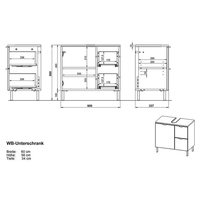 Germania Mauresa Waschtischunterschrank - B x T x H: 60 x 34 x 56 cm, Weiß/Grandson-Eiche-Nb., Glänzend - Waschbeckenunterschrank mit Tür und zwei Schubladen, technische Maße und 3D-Ansicht.