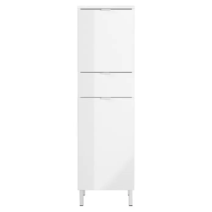Germania Mauresa Hochschrank - B x T x H: 34 x 34 x 120 cm, Weiß, Glänzend - Weißer Dreischubladen-Schrank mit minimalistischen Griffen und rechteckigen Füßen.