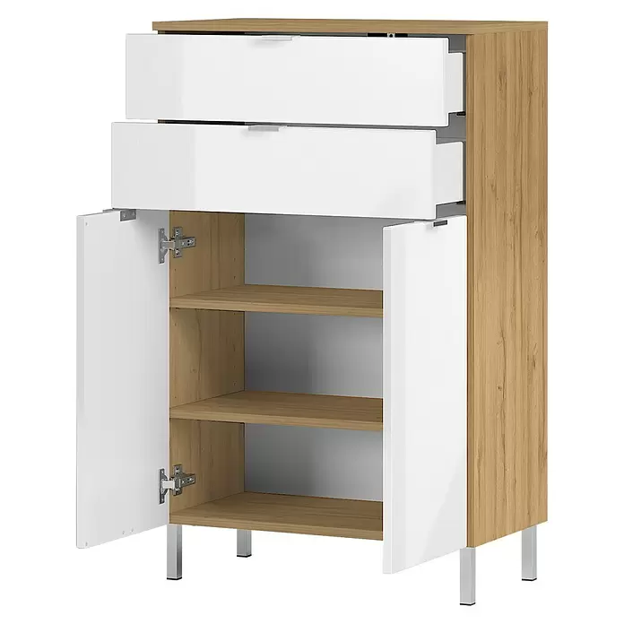Germania Mauresa Highboard - B x T x H: 60 x 34 x 97 cm, Weiß/Grandson-Eiche-Nb., Glänzend - Zweifarbiger Schrank mit weißen Fronten und hellem Holzrahmen. Zwei teilweise geöffnete Schubladen, eine offene Tür zeigt zwei Regalböden, auf Metallbeinen.