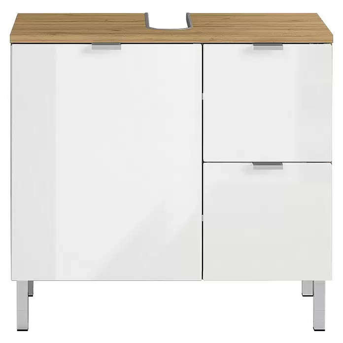 Germania Mauresa Waschtischunterschrank - B x T x H: 60 x 34 x 56 cm, Weiß/Grandson-Eiche-Nb., Glänzend - Weißer Badunterschrank mit Holzplatte, Waschbeckenausschnitt, einer Tür, zwei Schubladen und Metallbeinen.