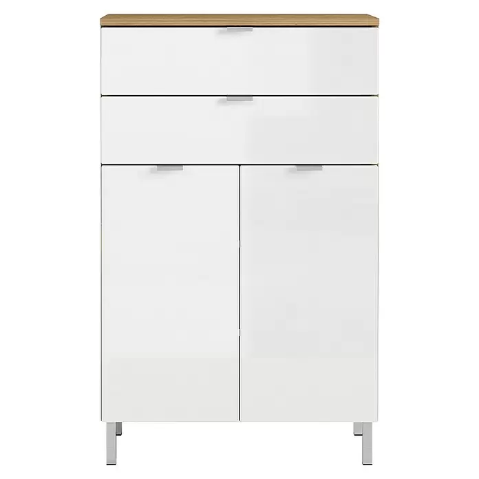 Germania Mauresa Highboard - B x T x H: 60 x 34 x 97 cm, Weiß/Grandson-Eiche-Nb., Glänzend - Weißer Schrank mit zwei Schubladen, zwei Türen, Holzplatte und Metallfüßen/-griffen.