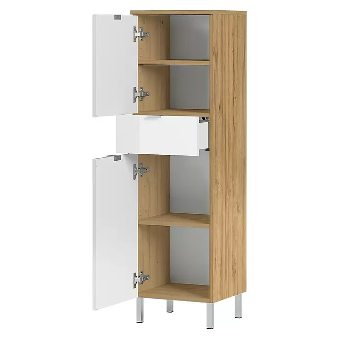 Germania Mauresa Hochschrank - B x T x H: 34 x 34 x 120 cm, Weiß/Grandson-Eiche-Nb., Glänzend - Hoher Schrank mit heller Holzoptik, weißen Türen und einer weißen Schublade. Türen und Schublade sind geöffnet und zeigen Einlegeböden, auf silbernen Beinen.