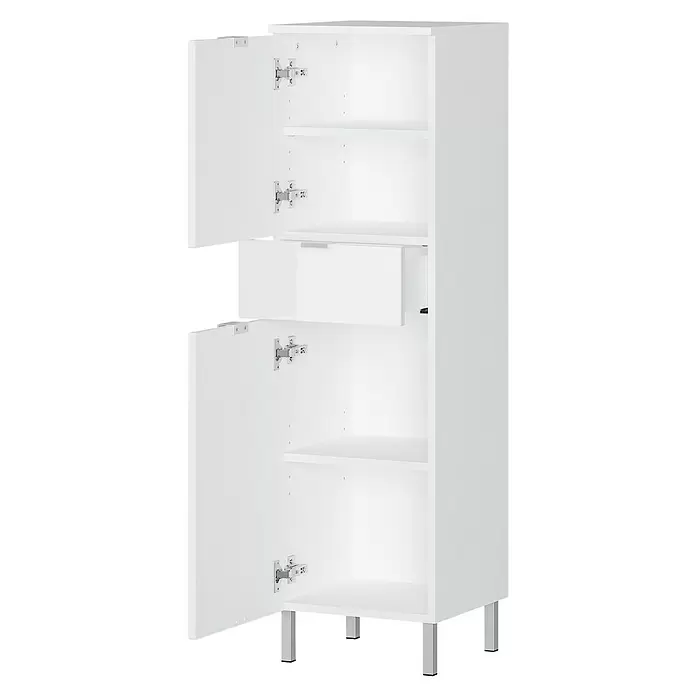 Germania Mauresa Hochschrank - B x T x H: 34 x 34 x 120 cm, Weiß, Glänzend - Weißer Hochschrank mit offenen Türen und ausgezogener Schublade, der Regalböden und Stauraum auf Metallfüßen zeigt.