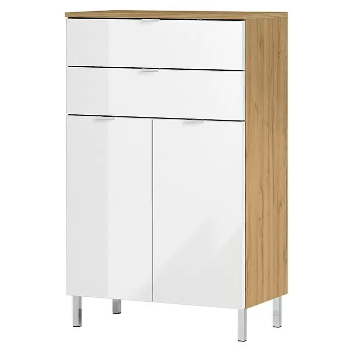 Germania Mauresa Highboard - B x T x H: 60 x 34 x 97 cm, Weiß/Grandson-Eiche-Nb., Glänzend - Zwei-Schubladen- und Zwei-Türen-Schrank mit heller Holzoptik und glänzend weißen Fronten, auf Metallbeinen.
