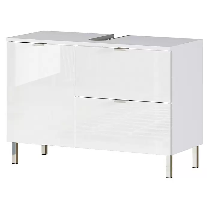 Germania Mauresa Waschtischunterschrank - B x T x H: 80 x 34 x 56 cm, Weiß, Glänzend - Weißer Hochglanz-Badezimmerschrank mit drei Türen, einer Schublade, einer Waschtischöffnung und Chrombeinen.