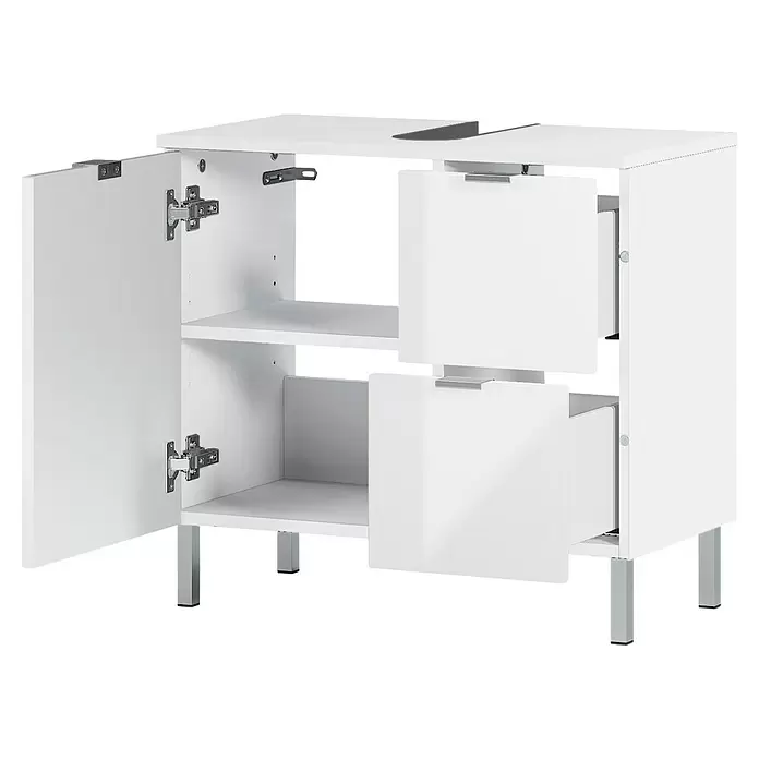 Germania Mauresa Waschtischunterschrank - B x T x H: 60 x 34 x 56 cm, Weiß, Glänzend - Weißer Waschtischunterschrank mit offenen Türen, Regalböden und zwei teilweise geöffneten Schubladen, mit silbernen Beinen.
