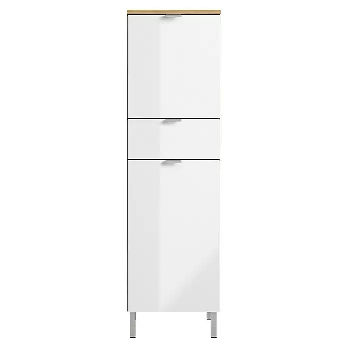 Germania Mauresa Hochschrank - B x T x H: 34 x 34 x 120 cm, Weiß/Grandson-Eiche-Nb., Glänzend - Weißer Schrank mit heller Holzplatte, drei Fächern, silbernen Griffen und Füßen.