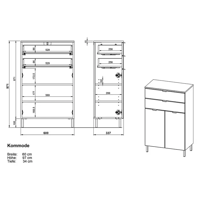 Germania Mauresa Highboard - B x T x H: 60 x 34 x 97 cm, Weiß, Glänzend - Detaillierte technische Zeichnung und 3D-Ansicht einer 60x97x34 cm Kommode mit zwei Schubladen und zwei Türen.
