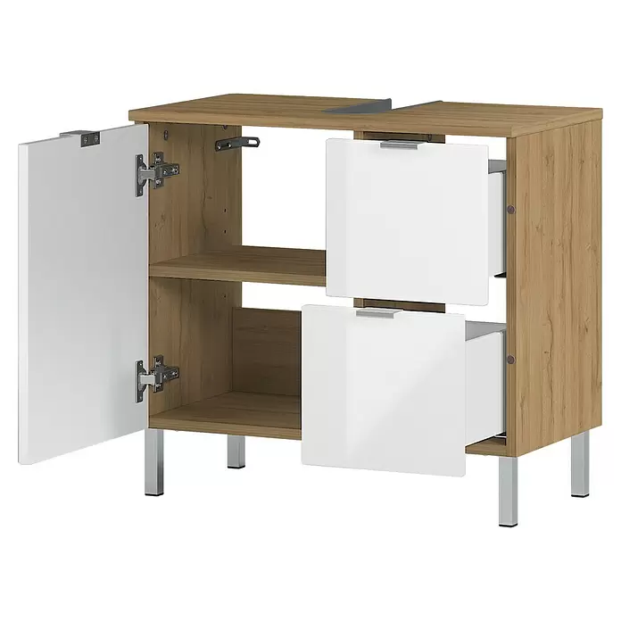 Germania Mauresa Waschtischunterschrank - B x T x H: 60 x 34 x 56 cm, Weiß/Grandson-Eiche-Nb., Glänzend - Badezimmerschrank in Holzoptik mit einer offenen weißen Tür, Innenregalen, zwei weißen Auszugschubladen und Metallfüßen.